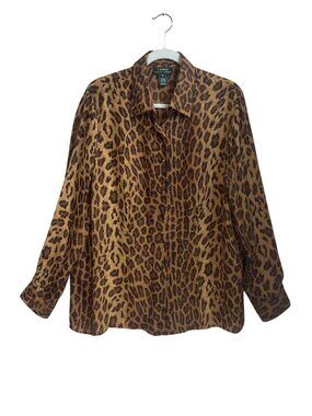 Lauren Ralph Lauren 1X Brown Animal Print 100% Silk Button-Up Blouse Shirt Top
